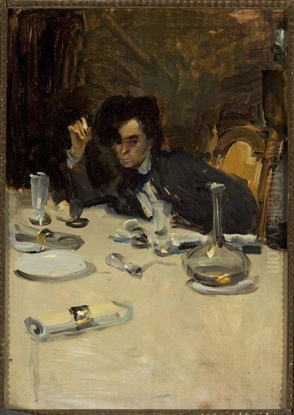 Painter Roman Laskowski at the table, sketch - view 1
