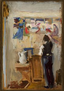 Painter Janusz Nawroczynski in the studio, sketch