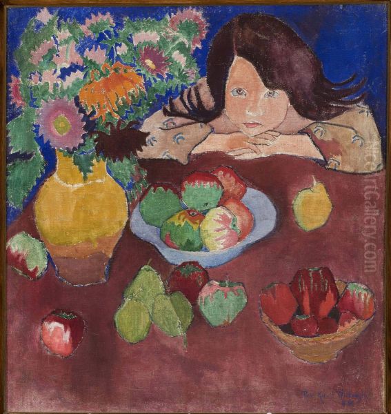 Little girl at a table with fruit - view 1
