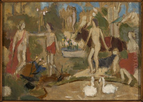 Garden scene with figures and swans - view 1