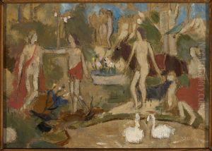 Garden scene with figures and swans