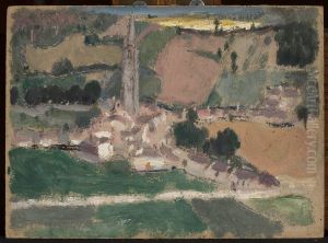 View of a small town with a church tower