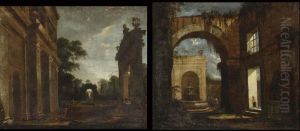 An Architectural Capriccio With Figures Conversing Near A Fountain