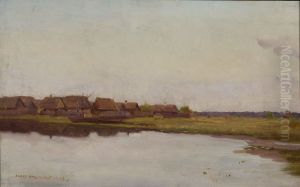 Village at waterside by Jozef Chelmonski