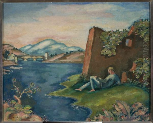 Idyll (Landscape with a man lying by the water) - view 1