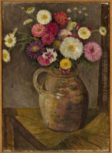 Asters and zinnias in a clay jug