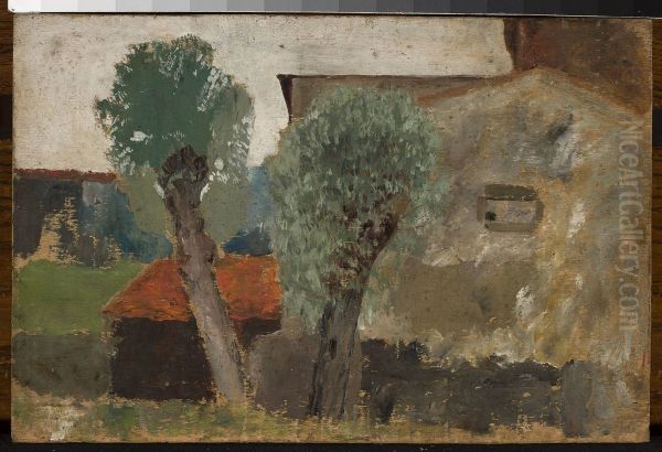 Fragment of a house with two trees - view 1