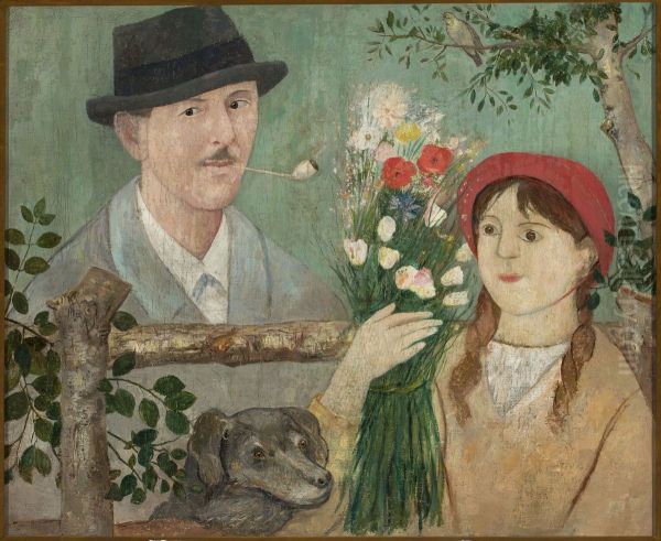 Idyll beside a fence (Self-portrait, girl with flowers and dog) - view 1
