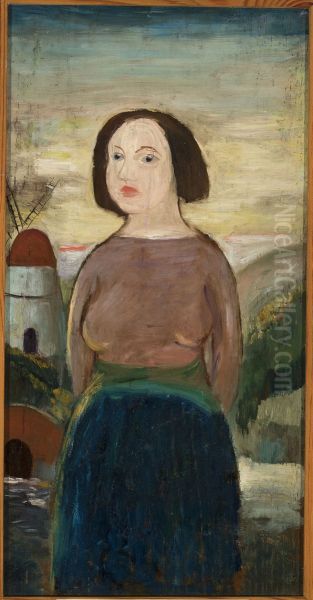 Girl against the background of a landscape with a windmill - view 1