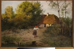 Peasant woman in front of a cottage by Jozef Rapacki