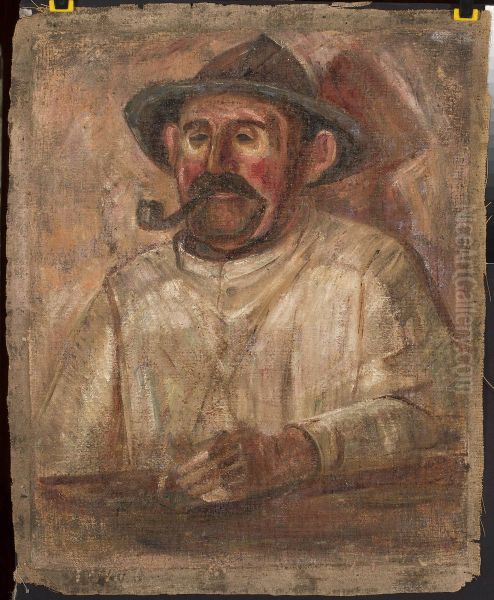 Bust of a man in a hat with a pipe - view 1
