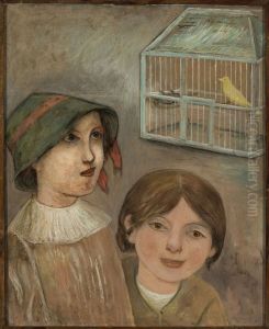 Two little girls beside a cage with a canary