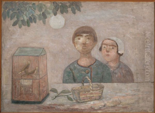 Children in front of a cage with little birds - view 1