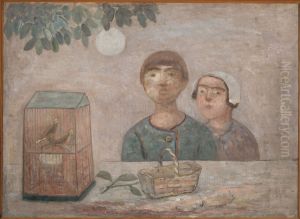 Children in front of a cage with little birds