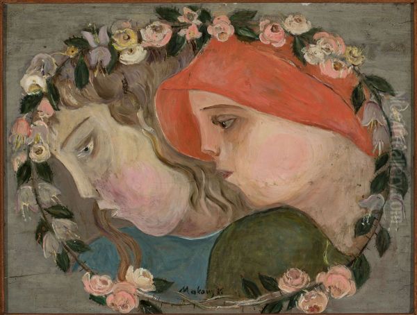 Two heads of little girls in a garland of flowers - view 1