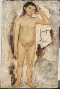Nude little girl with a raised hand