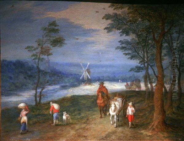 Peasants on a path, with mill in the background - view 1