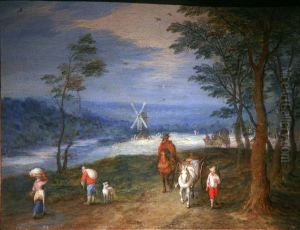 Peasants on a path, with mill in the background by Jan Brughel