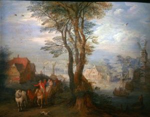 Peasants on a wagon near a river going through a village by Jan Brughel