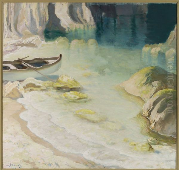 Boat at rocky coast - view 1