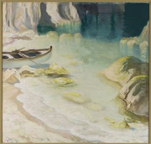 Boat at rocky coast by Kazimierz Stabrowski