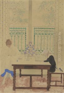 Vrouw met kind lezend aan tafel by Leon Spilliaert