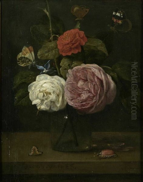 Floral still life of three roses in a glass vase surrounded by three butterflies, a beetle and a caterpillar - view 1