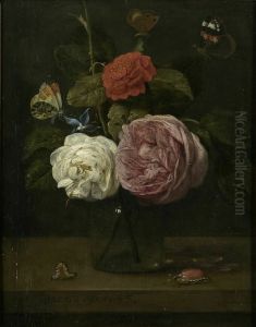 Floral still life of three roses in a glass vase surrounded by three butterflies, a beetle and a caterpillar by Jacob van Es