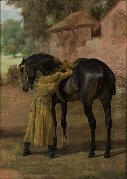 Stableman Saddling a Horse - view 1