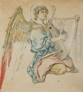 Cardboard for the Polychromy in the St Mary's Church - Figure of an Angel Playing the Lute by Jan Matejko