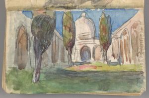 Sketchbook No. 2 - Landscape study - Moorish arcaded courtyard with cypresses; study of a woman with fan - two-page drawing