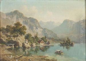 Gebirgssee, Im Vordergrund Ein Boot Mit Ausfluglern by Joseph Niklaus Butler