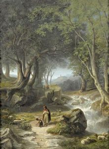 Wildbach Unter Baumen Mit Hirten Und Schafen.