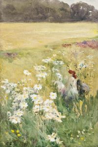 A Cockerel And Hen In A Cluster Of Marguerites by Mildred Anne Butler