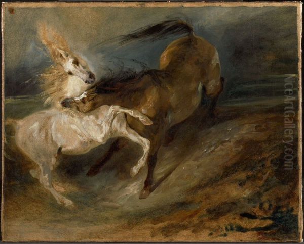 Two Horses Fighting in a Stormy Landscape - view 1