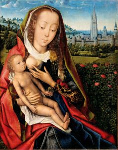 Maria met kind aan de borst in een heuvellandschap met in de achtergrond Brugge en de Onze-Lieve-Vrouwekerk by Master Of The Legend Of Saint Lucy