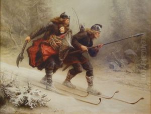 Skiing Birchlegs Crossing the Mountain with the Royal Child by Knud Bergslien