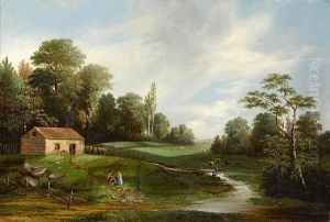 Cows In A Meadow With A Mountain Lake Beyond by Frederick A. Butman