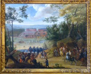 Vue du chateau de Versailles, avec Louis XIV accompagne d'un groupe de mousquetaires a cheval