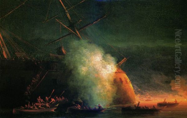 Mine attack by boats of the steamer Grand Duke Constantine on the Turkish battleship Assari-Shevket on the Sukhum roadstead on August 12, 1877 - view 1