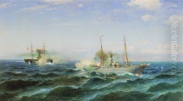 Fight of the steamer Vesta with the Ottoman ironclad Fetkh-i Bulend at the Black Sea July 11, 1877. - view 1