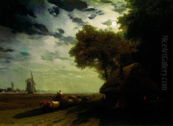 Ukrainian landscape with chumaks in the moonlight - view 1