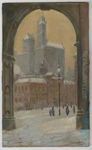 View of the Woolworth Building in Winter Through the Arch of the Municipal Building, New York City. by Jacob Vanderbilt