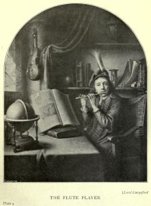 Young man playing the flute in a study room by Gerrit Dou