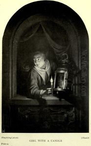 Young woman with candle and lantern in a window by Gerrit Dou