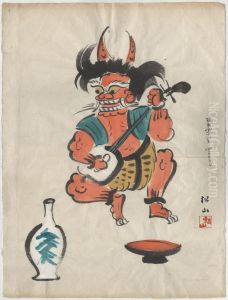 Demon Playing a Samisen, With Wine Bottle and Drinking Cup in Foreground.