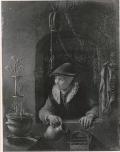 Bauerin am Fenster mit Krug, Nelkenstock und Vogelbauer