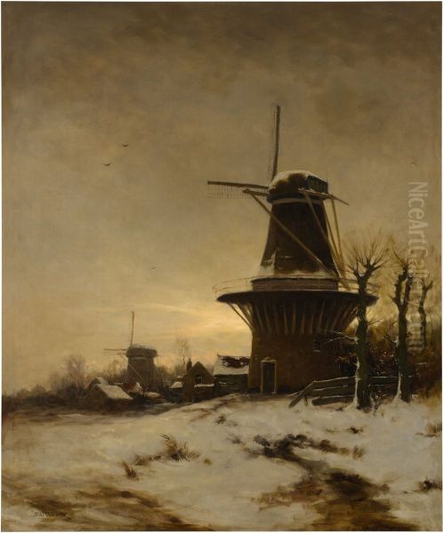 A Windmill and a Village on the edge of a snowy meadow - view 1