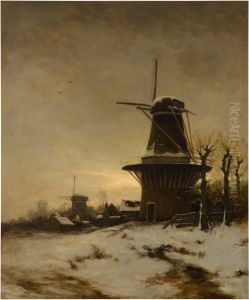 A Windmill and a Village on the edge of a snowy meadow by David Adolph Constanz Artz