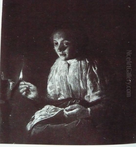Woman Sewing by Lamplight - view 1